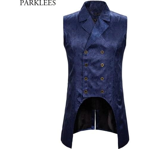 Mens Paisley Jacquard Steampunk Vest Double Breasted Brocade Waistcoat Men Wedding Prom Stage Tuxedo Vests Male Gilet Homme 2XL