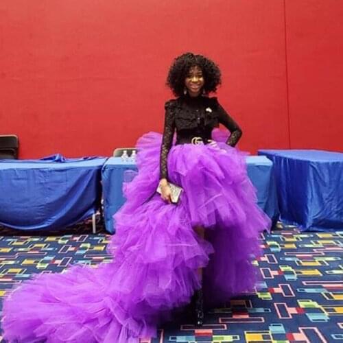 Extra Puffy High Low Tutu Skirt Women Long Train Draped Hi Low Skirts Purple Elastic Waist Puffy Long Prom Gowns Hot Sale