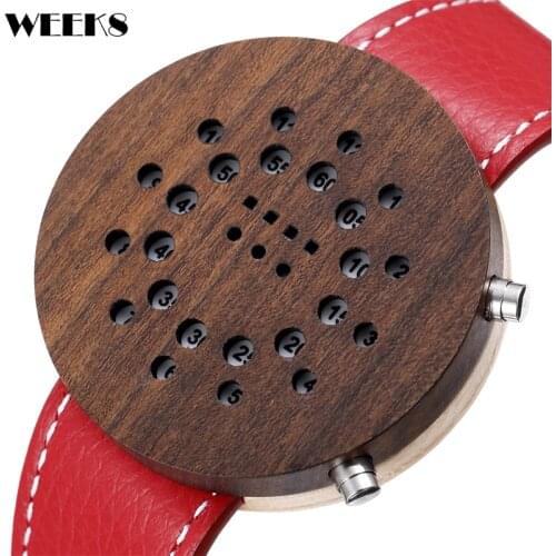 Creative Wooden Watch Hollow Case LED Display Dial Watches Leather Strap Wristwatch Walnut Wood Colorful Bamboo reloj de madera