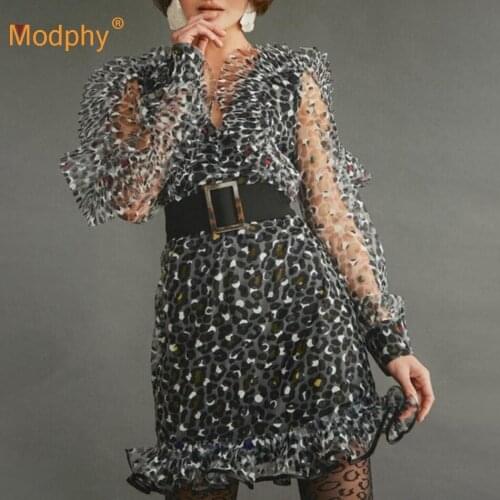 Autumn 2020 New WomenS Leopard Print Dress V-Neck Lantern Long-Sleeved Belt Ruffled Hem Celebrity Party A-Line Dress Vestidos