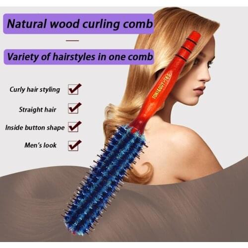 Hairdressing salon wooden boar bristles anti-static round comb, hairdresser styling tool, used for curly/comb/wavy hair