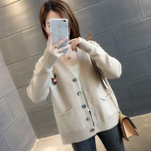 Spring and autumn clothing 2021 new womens jacket with v-neck knitted cardigan womens loose casual long-sleeved sweater jacket