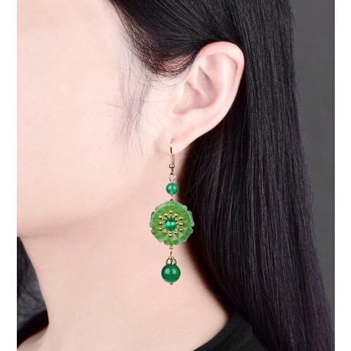 Vintage Fresh Green Onyx Beads Disc Eardrop Ancient Ethnic Style Palace Earrings Jewelry For Women Confidante Gift Classic