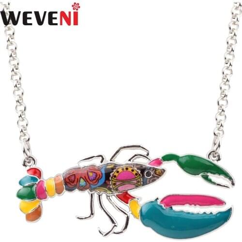 WEVENI Enamel Alloy Shrimp Lobster Necklace Pendant Chain Collar Ocean Sea Animal Jewelry For Women Girls Teens Aquarium Gift