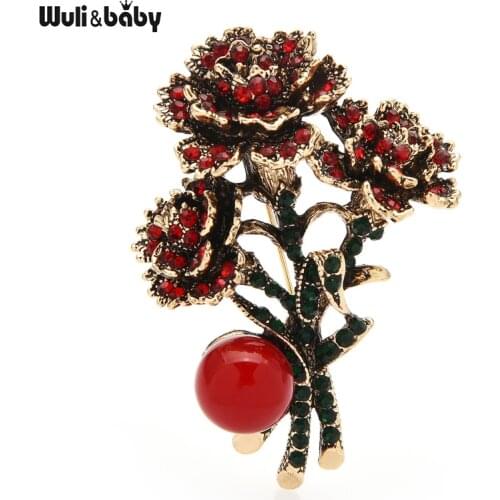 Wuli&baby Red Rhinestone Carnation Flower Brooches For Women New Mothers Flower Party Office Brooch Pin Gifts