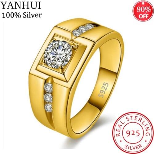 YANHUI Gift Rings For Men Fashion S925 Silver Jewelry Male Wedding Ring Cubic Zirconia Yellow Gold Color Engagement Accessories