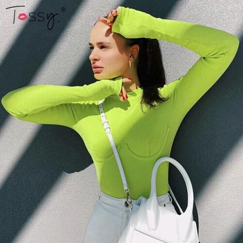 Tossy Womens Black Crew Neck Long Sleeve T Shirts Bodysuit Slim Sexy High Waist Jumpsuit Autumn Casual Ribbed Suits Clubwear