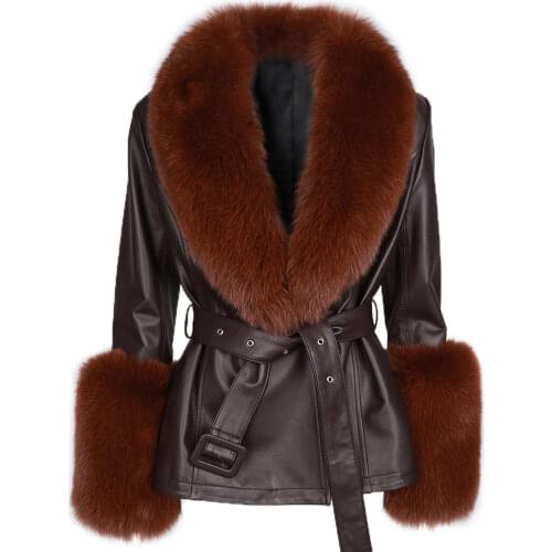 YOLOAgain Women Real Fur Collar Cuffs Genuine Leather Jacket With Belt