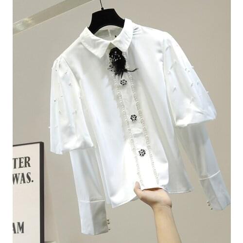 Black Blouse Women Handmade Pearl Beaded Fashion Cool Puff Long Sleeved Chiffon Shirt Elegant Lady Loose Blusas Tops Office Lady