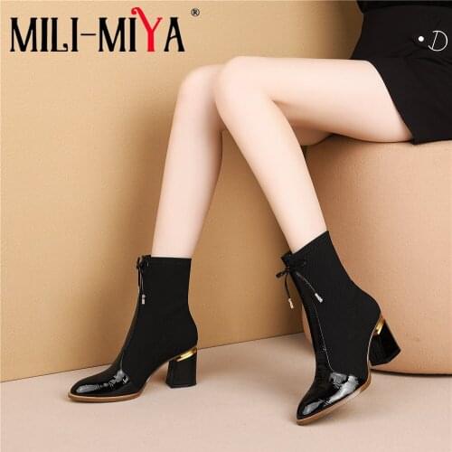 MILI-MIYA Women Cow Leather Ankle Boots Emboss Metal Heels High Stretch Booties Round Toe Slip On Autumn Winter Shoes Plus Size