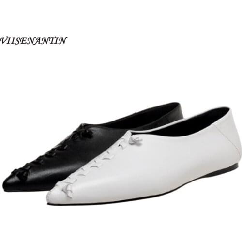 Witch Shoes Womens Shoes Autumn New Style Cowhide Pointed Toe Solid Color Flat Shoes Low Cut Shallow Mouth Single Shoes