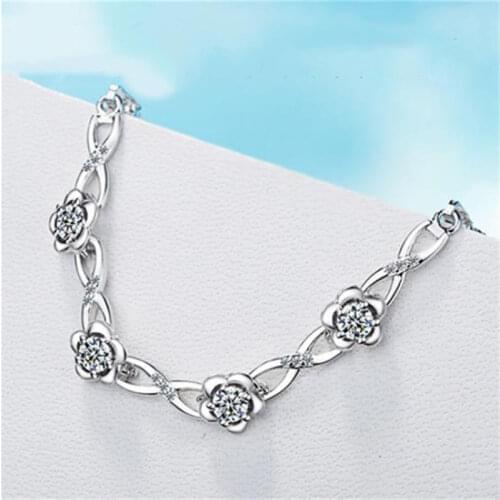 TJP Exquisite Flower Shaped Crystal CZ Women Bracelets Jewelry Pure 925 Sterling Silver Famale Bangle Accessories Engagement