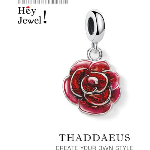 Bijoux Red Rose Flower Statement Charm Women 925 Sterling Silver Flower Pendant Fit Bracelet Boho Charm Jewelry Nice Gifts