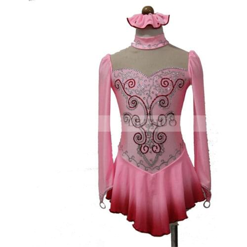 Figure Skating Dress Womens Girls' Ice Skating Dress Deep pink sleeved collar styles A gradient skirt Artificial diamond