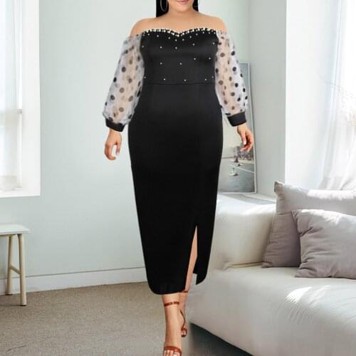 Large Sizes Women Dress Sexy Off Shoulder Sheer Mesh Long Sleeve Black High Waist Plus Size Elegant Maxi Dresses Party Evening
