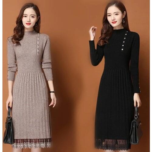 Lace Hem Buttons Women Autumn Winter Sweater Knitted a line Dresses Ribbed Slim Elastic Long Sleeve Lady Bodycon Midi Dresses