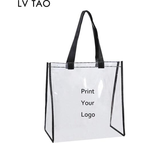 100pcs/lot Custom Clear PVC Tote Bag Transparent Waterproof Handbag Travel Beach Bag Reusable Shopping Bag Jelly Shoulder bag