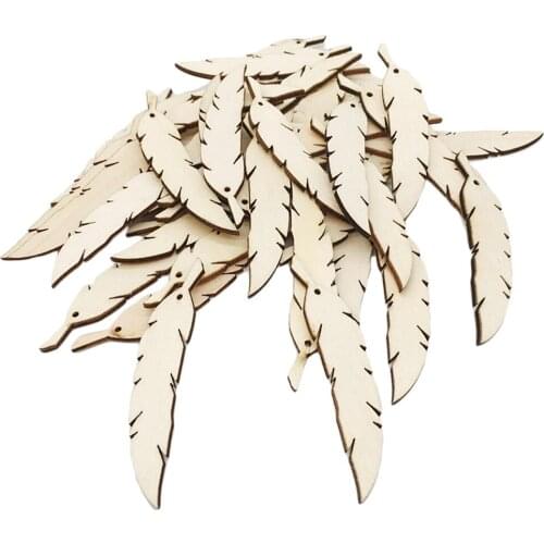 50 Pieces Natural Unfinished Wood Feather with Hole for DIY Pendants Home Hanging Decoration Ornament