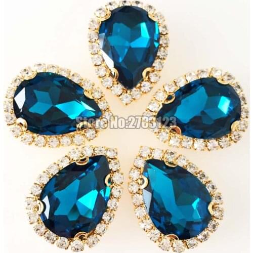 7x10/10x14/13x18/18x25mm 10pcs/bag water drop Peacock blue faltback sew on rhinestones Glass Crystal Gold bottom Crystal button