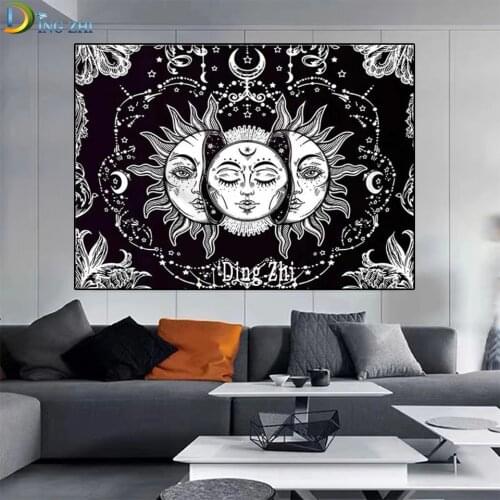 Diy Diamond Painting 5D Round Square Drill Black White Sun Moon Mandala Hippie Embroidery Mosaic Art Rhinestone Beaded Crafts