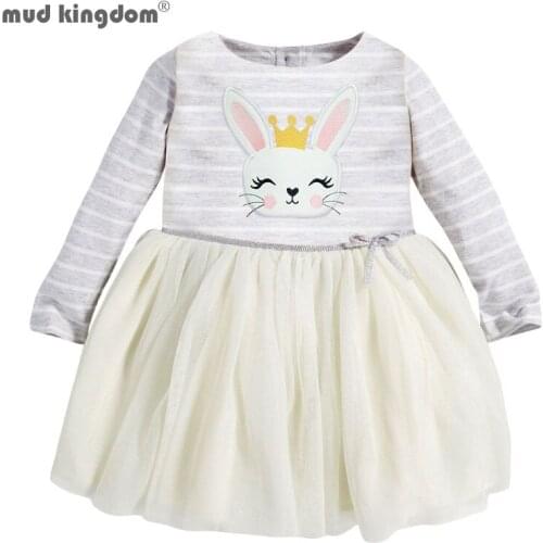 Mudkingdom Little Girl Dresses Cute Rabbit Crown Stripe Floral Tulle Princess Dress for Girls Clothes Long Sleeve Clothing