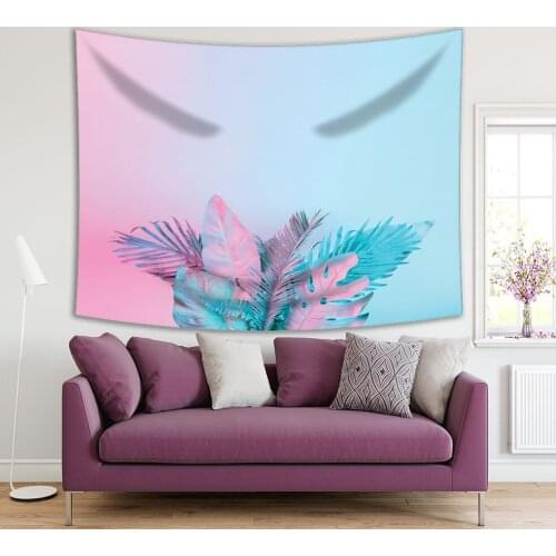 Tapestry Tropical Palm Leaves in Holographic Colors Minimal Surrealism Artwork Pink Aqua