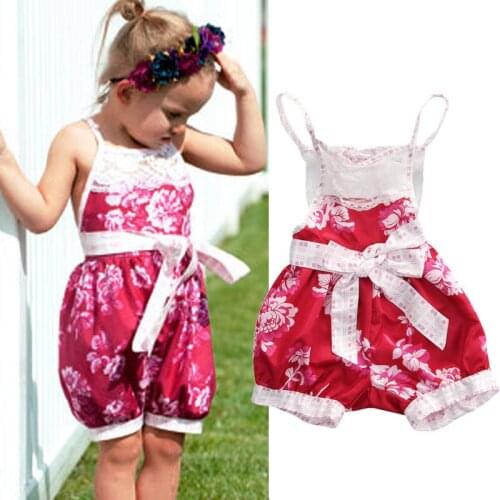 Baby Girls Romper Floral Suspender Back-off Bow Adjustable Lace-up Sleeveless Beautifull Jumpsuit Rose Red Outfits Party Gift