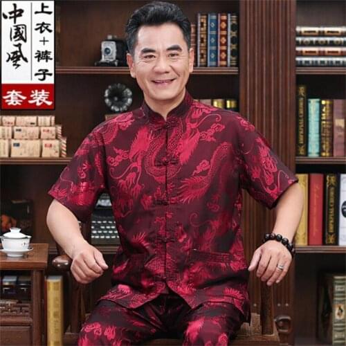 Summer Tang suit men short sleeve blazer masculino buckle dad clothe middle-aged casaco jaqueta masculina silk coats mens jacket