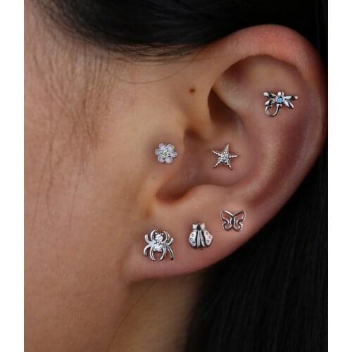 Minimalist 925 Sterling Silver Small Mini Butterfly Ladybird Spider Dragonfly Stud Earrings Cartilage Piercing Earring Jewelry