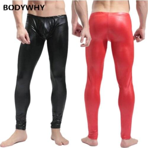 Mens Sexy Long John Shiny Faux Leather Club Dance Pants Skinny Muscle Tights