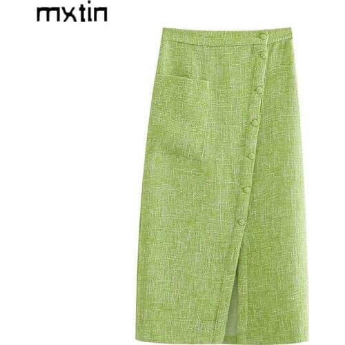 MXTIN 2021 Women Summer Fashion Solid Single Breasted Tweed Midi Skirt Vintage High Waist Pockets Gril Skirts Casual Vestidos
