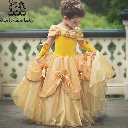 New Girls Belle Princess Dress Cosplay Costume Birthday Party Clothes Children Halloween Long Gown Beauty and The Beast Costumes