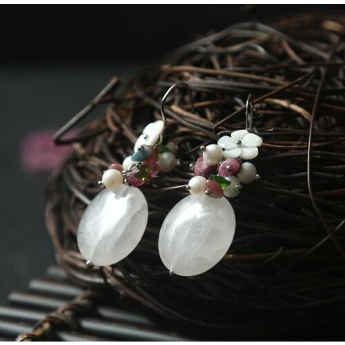 925 Pure silver New Original Handmade Natural Stone Fritillaria Fresh Elegant Earrings