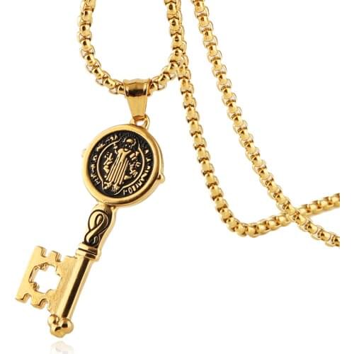 HZMAN Saint St Benedict of Nursia Patron Against Evil Key Pendant Stainless Steel Necklace