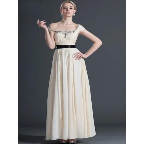 Backless Evening Dresses A-line Cap Sleeves Chiffon Beaded Long Dubai Saudi Arabic Evening Gown Prom Dresses
