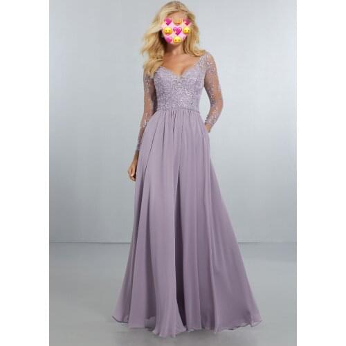 Beach Bridesmaid Dresses for Women Long Sleeve Formal Gowns Lace Bodice V Neck Prom Dress 2020 Purple Chiffon