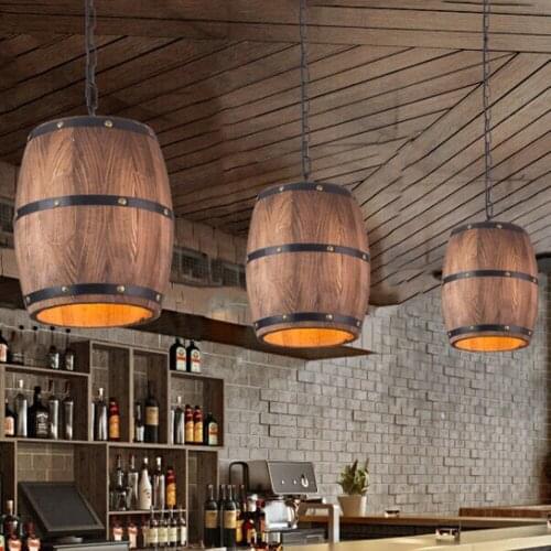 Retro Industrial Wine Barrel Pendant Lights American Dining Room Restaurant Bar Coffee Shop Hanging Lamp Wooden Barrel Lights