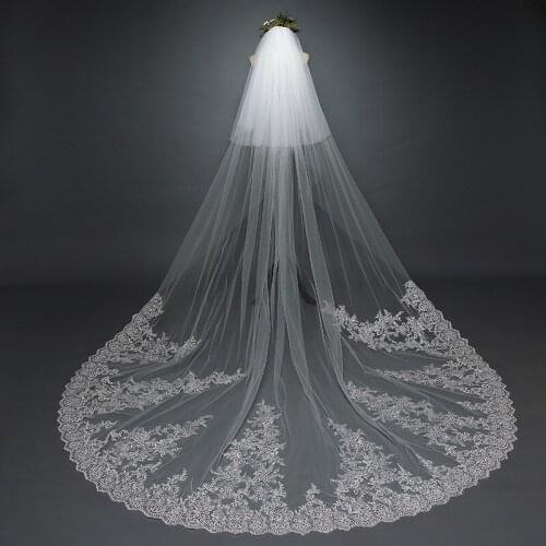 Eye Catching Sparkling Applique with Beads 3.8*3m Wedding Veil with Comb Top Quality Tulle Bridal Veils White, Ivory