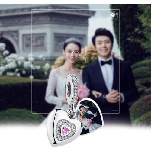 ELESHE Real 925 Sterling Silver Romantic Heart With Crystal Dangle Charm Custom Photo Bead Fit Original Bracelet DIY Jewelry