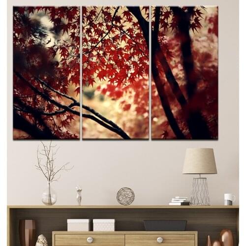 Modern Home Decor Frame 3 Pieces Red Maple Forest Sunshine Scenery Painting Wall Art Canvas Picture Modular HD Print Poster