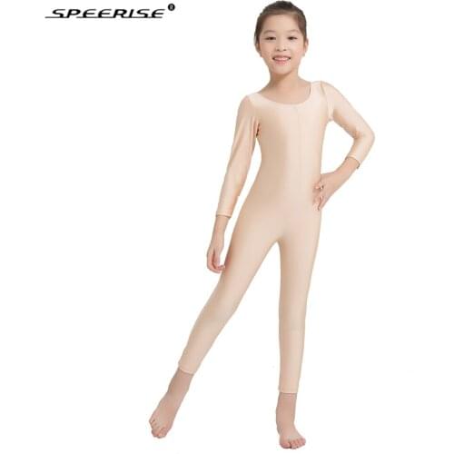 SPEERISE Girls Black Long Sleeve Unitard Boys Bodysuit Spandex Lycra Full Body Tight Jumpsuit Scoop Neck Dance Costumes Unitards