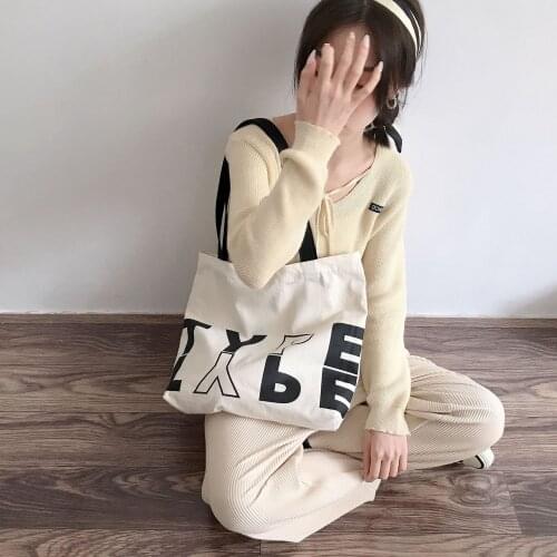 Women TYPE Letters Print Canvas Shoulder Bag Koeran Ins Fashion Shopping Bag Casual Simple Ladies Tote Handbag For Girl Students