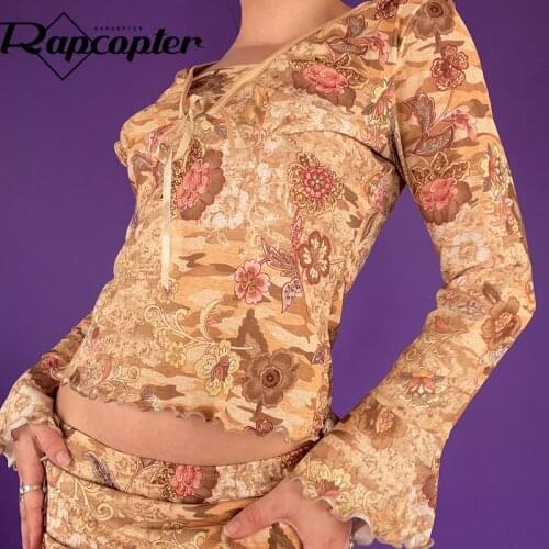 Rapcopter y2k Floral Crop Top Frill Long Sleeve T Shirt V Neck Lace Up Cute Pullovers Women Vintage Autumn Tee Harajuku Casual