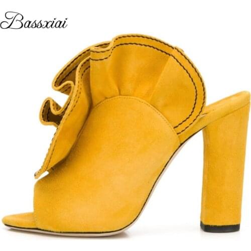 Sewing Ruffles Peep Toe Women Pumps Spring Autumn Chunky Heel Luxury Suede Slingbacks Lazyman Mules For Girls Lady
