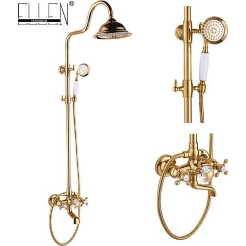 Vidric Luxury Crystal Gold Brass Bath Shower Set Shower Faucet Rain Shower Head+Tub Faucet + Hand Shower EL3305