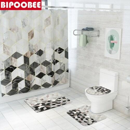 Marble Pattern Waterproof Shower Curtain Bathroom Mats and Curtains Bath Mat Sets Bathtub Screen Toilet Lid Cover Rug Home Decor