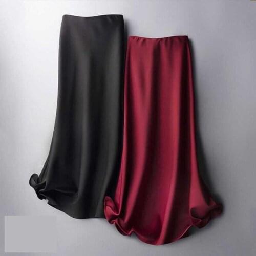 Elegant Korean satin long skirt womens high waist solid color simulation silk midi skirt women 2021