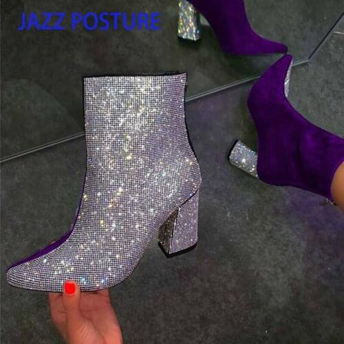 Pointed Toe Short Boots Woman 2020 Fall/Winter Shoes Women High Heeled Boots Rhinestone Chunky Heel Female Booties Large Size z7