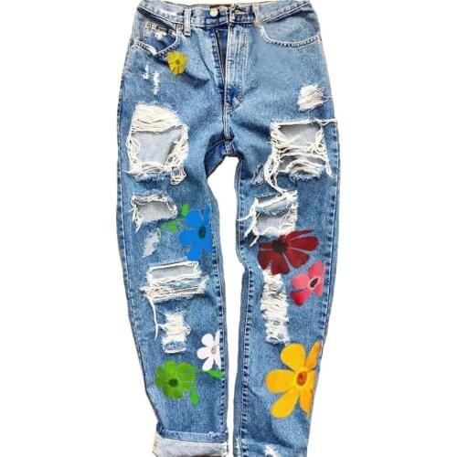 Ladies' Ripped Jeans Printed Perforated Fashion High Waist Four Season Straight Through Ladies Jeans Trousers Women Casual Pant