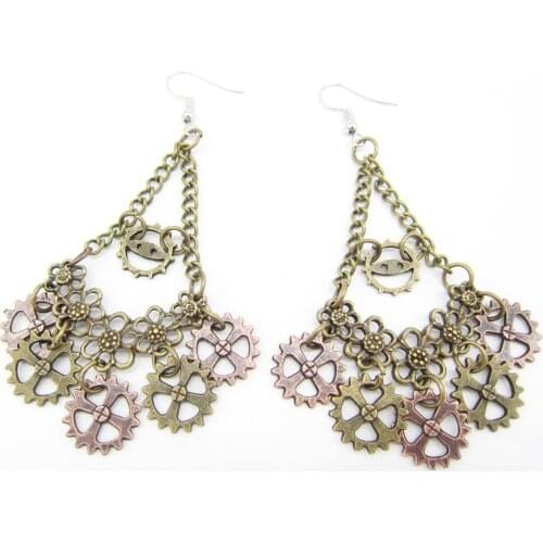 2018 New Original Design Metal Flowers and Eye Gears Vintage Lady`s Steampunk Dangle Earring